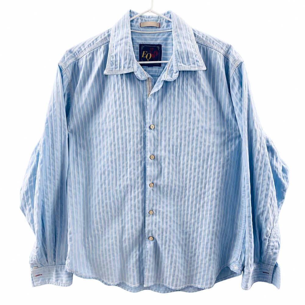 EQ Men's Blue White Striped Dress Shirt Long Sleeve Button Up Cotton Size M